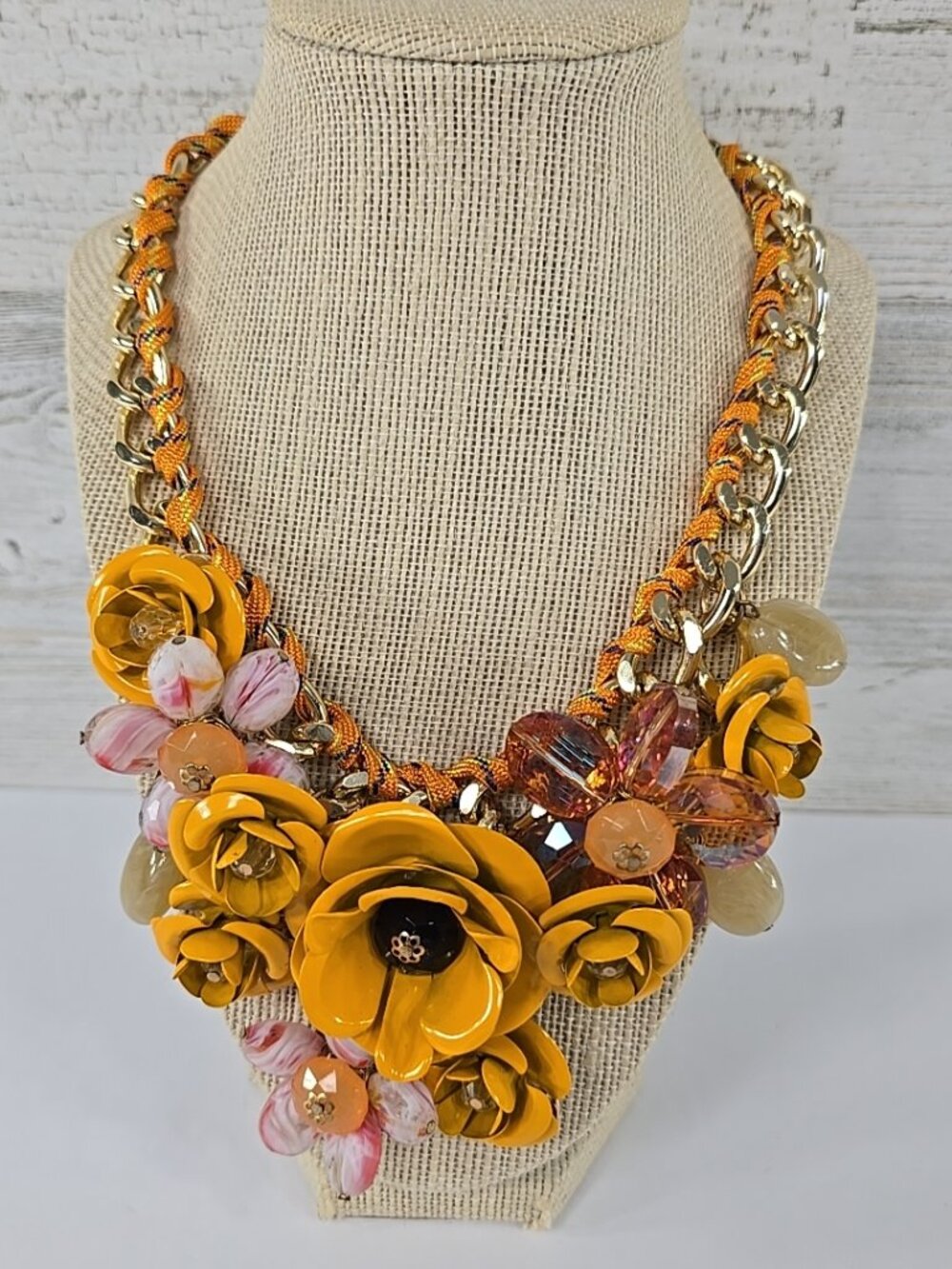 Bold Yellow Floral Statement Necklace Pink Beads Gold Chain Chunky Bib Jewelry..